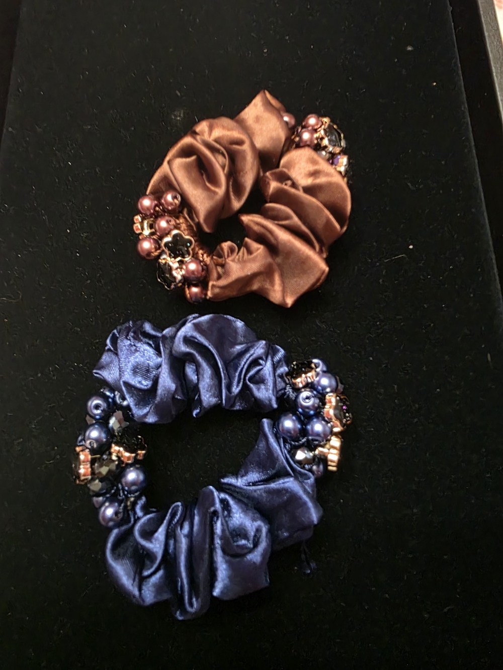 Satin Beaded Scrunchie Duo in Brown and Navy